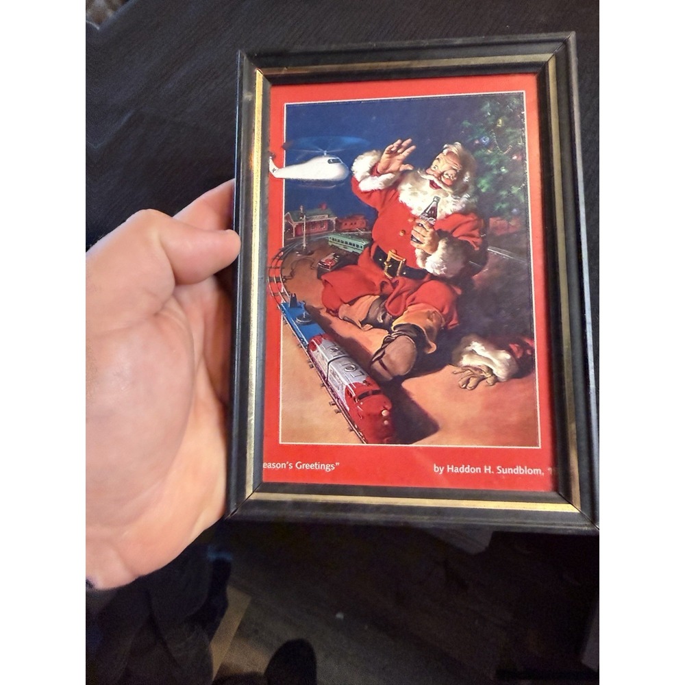 Coca Cola Framed Santa Print with Train & Airplane Haddon Sundblom 7.25x5.25